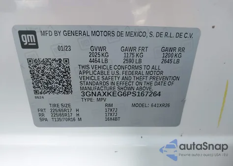2023 Chevrolet Equinox Fwd Lt из США, поврежденный, VIN 3GNAXKEG6PS167264